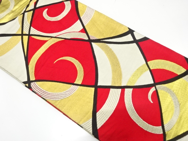 JAPANESE KIMONO / ANTIQUE NAGOYA OBI / SILK / WOVEN WAVY GRID & ARABESQUE